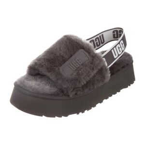 UGG Disco Platform Slide Slingback Slippers Fluffy Shearling in Dark Gray